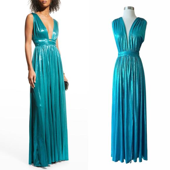 BRONX AND BANCO Romi Metallic Gown Plunge Neckline Dress Teal Turquoise Large 8 - Picture 1 of 13